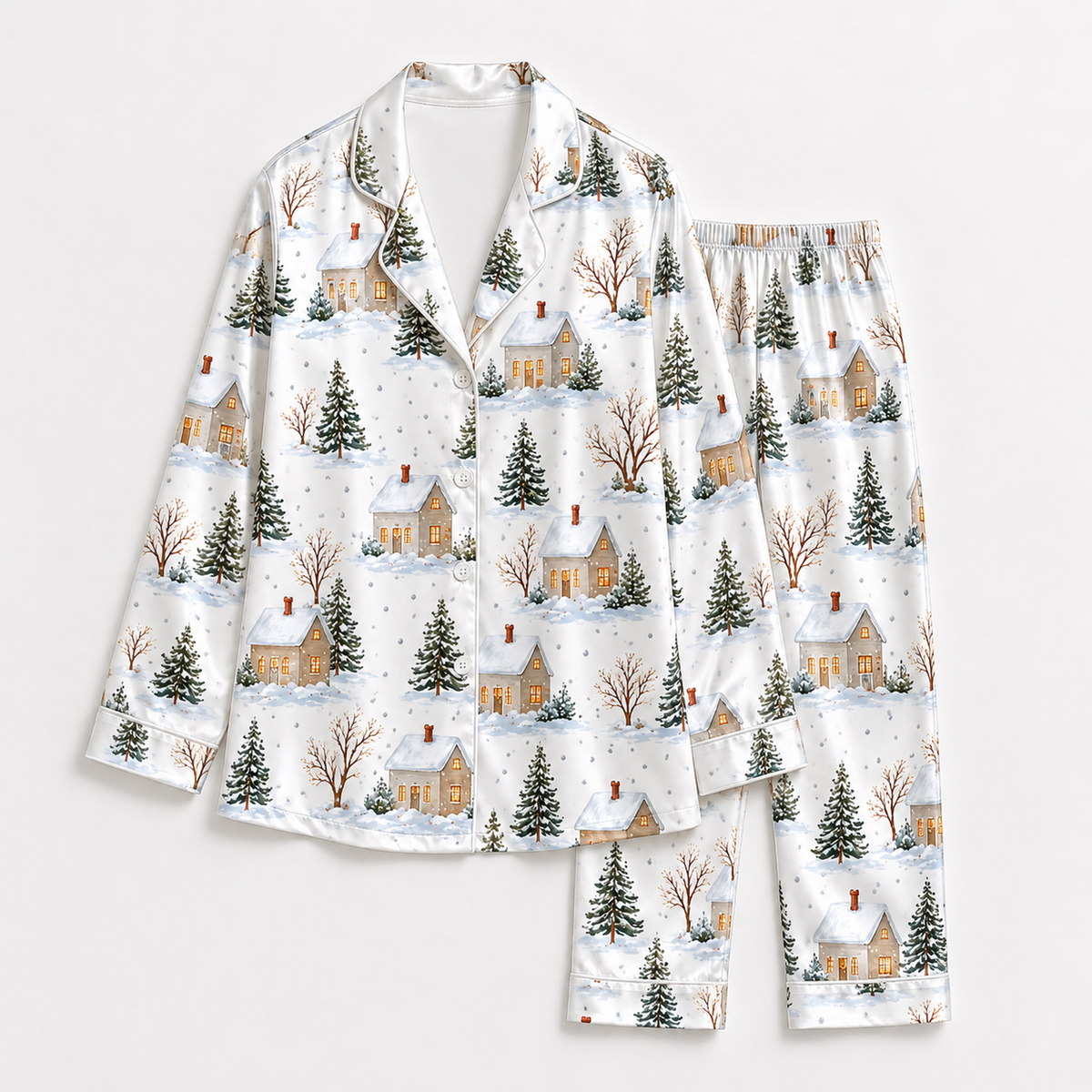 PJ-M1964-Winter Cottage Satin Pajama Set, Snowy Forest Pine Tree Cozy Christmas Village Sleepwear