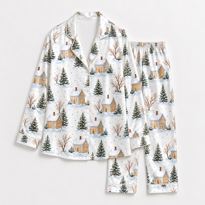 PJ-M1964-Winter Cottage Satin Pajama Set, Snowy Forest Pine Tree Cozy Christmas Village Sleepwear