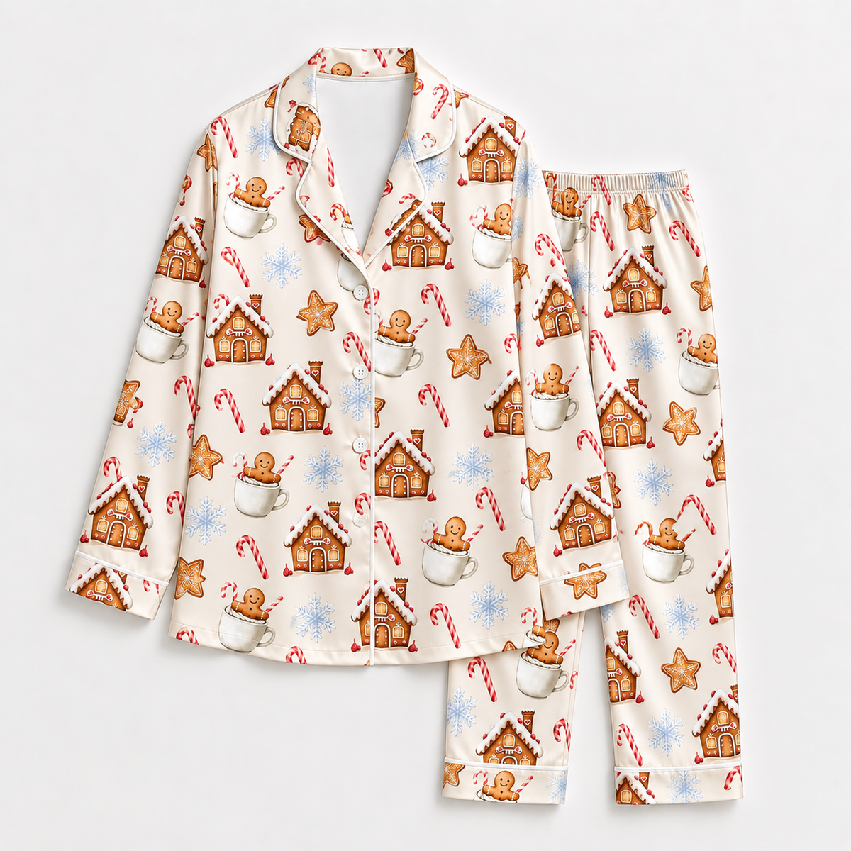 PJ-M1965-Gingerbread Christmas Satin Pajama Set, Candy Cane Snowflake Holiday Cookie House Sleepwear