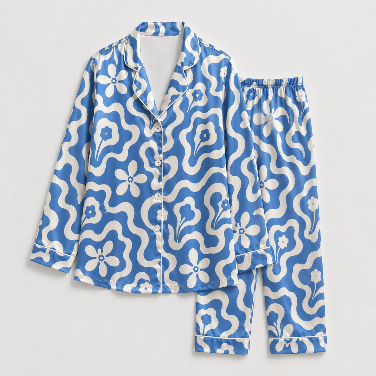 PJ-M197-Blue Satin Floral Pajama Apparel, Wavy Pattern Loungewear Sleepwear Collection Top Bottom Matching Clothing
