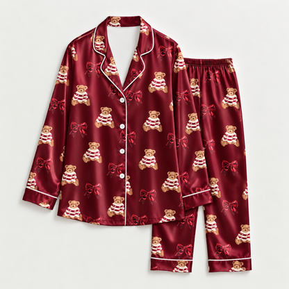 PJ-M1975-Red Teddy Bear Satin Pajama Set, Coquette Bow Christmas Bear Cute Holiday Sleepwear