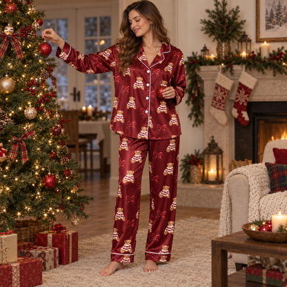 PJ-M1975-Red Teddy Bear Satin Pajama Set, Coquette Bow Christmas Bear Cute Holiday Sleepwear
