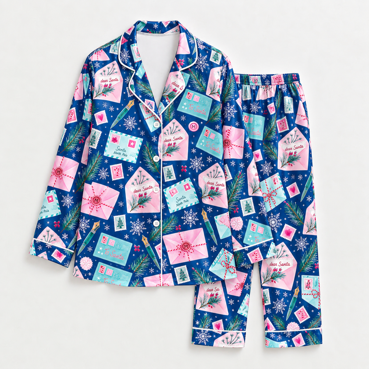 PJ-M1976-"Dear Santa Satin Pajama Set with Christmas Letters Postage Stamps Snowflakes and Festive Holiday Mail Pattern for Cozy Sleepwear "