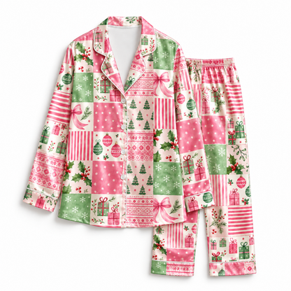 PJ-M1977-Christmas Patchwork Satin Pajama Set with Pink Bows Ornaments Christmas Trees Gifts and Festive Holiday Pattern for Cozy Sleepwear