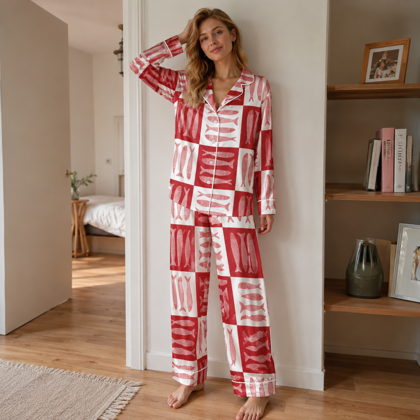 PJ-M198-Silk Aesthetic Pajama Apparel, Nautical Graphic Loungewear Sleepwear Collection Top Bottom Raiment