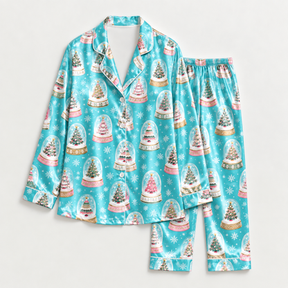 PJ-M1981-Christmas Snow Globe Satin Pajama Set with Christmas Trees Snowflakes and Whimsical Winter Holiday Pattern for Cozy Sleepwear