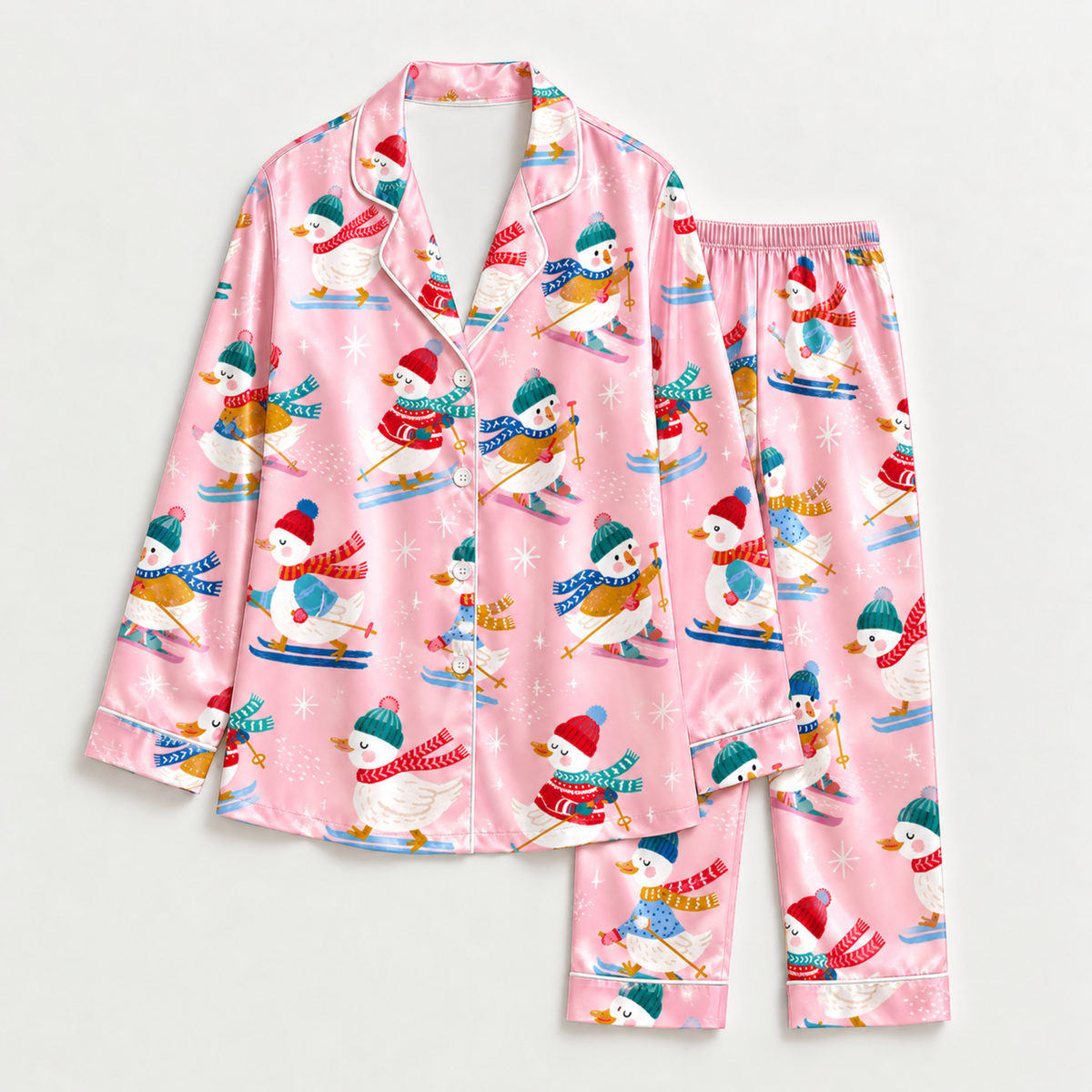 PJ-M1988-Skiing Duck Satin Pajama Set with Winter Hats Colorful Scarves Snowflakes and Playful Pink Christmas Pattern for Cozy Sleepwear
