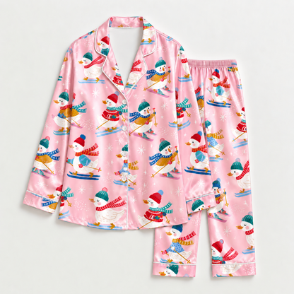 PJ-M1988-Skiing Duck Satin Pajama Set with Winter Hats Colorful Scarves Snowflakes and Playful Pink Christmas Pattern for Cozy Sleepwear