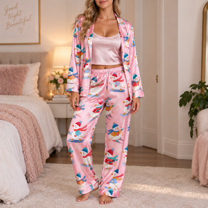 PJ-M1988-Skiing Duck Satin Pajama Set with Winter Hats Colorful Scarves Snowflakes and Playful Pink Christmas Pattern for Cozy Sleepwear