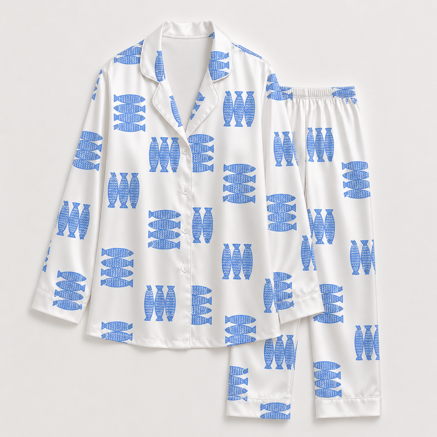 PJ-M199-Blue Satin Fish Pajama Apparel, Botanical Pattern Loungewear Sleepwear Collection Top Bottom Clothing