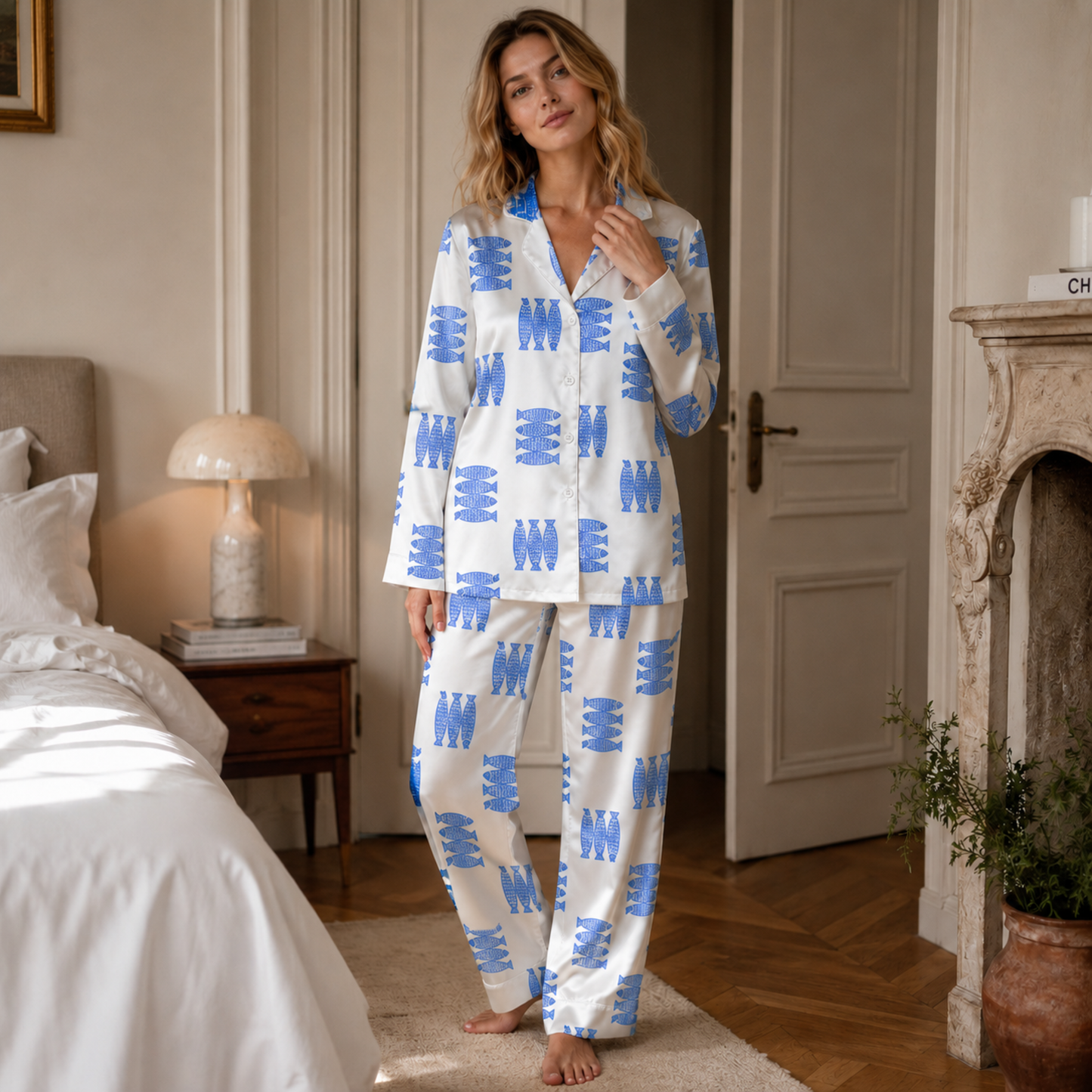 PJ-M199-Blue Satin Fish Pajama Apparel, Botanical Pattern Loungewear Sleepwear Collection Top Bottom Clothing