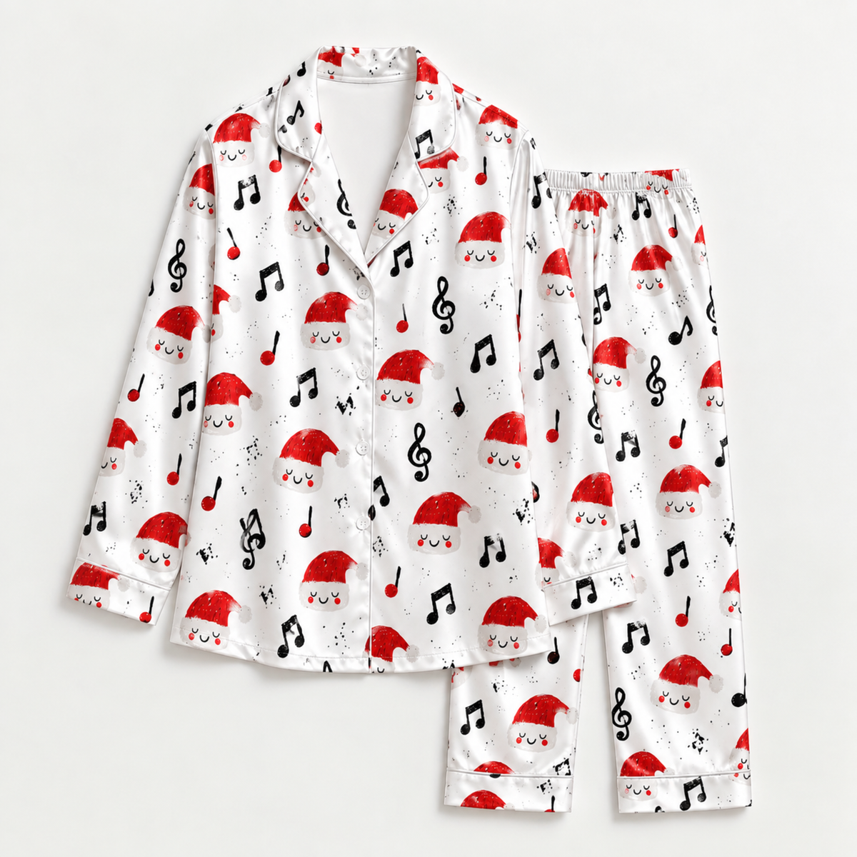 PJ-M1995-Christmas Music Satin Pajama Set with Santa Hats Musical Notes Treble Clefs and Festive Holiday Pattern for Cozy Sleepwear