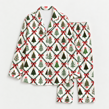 PJ-M1997-Christmas Tree Satin Pajama Set with Red Bows Evergreen Trees Garlands and Classic Festive Holiday Pattern for Cozy Sleepwear