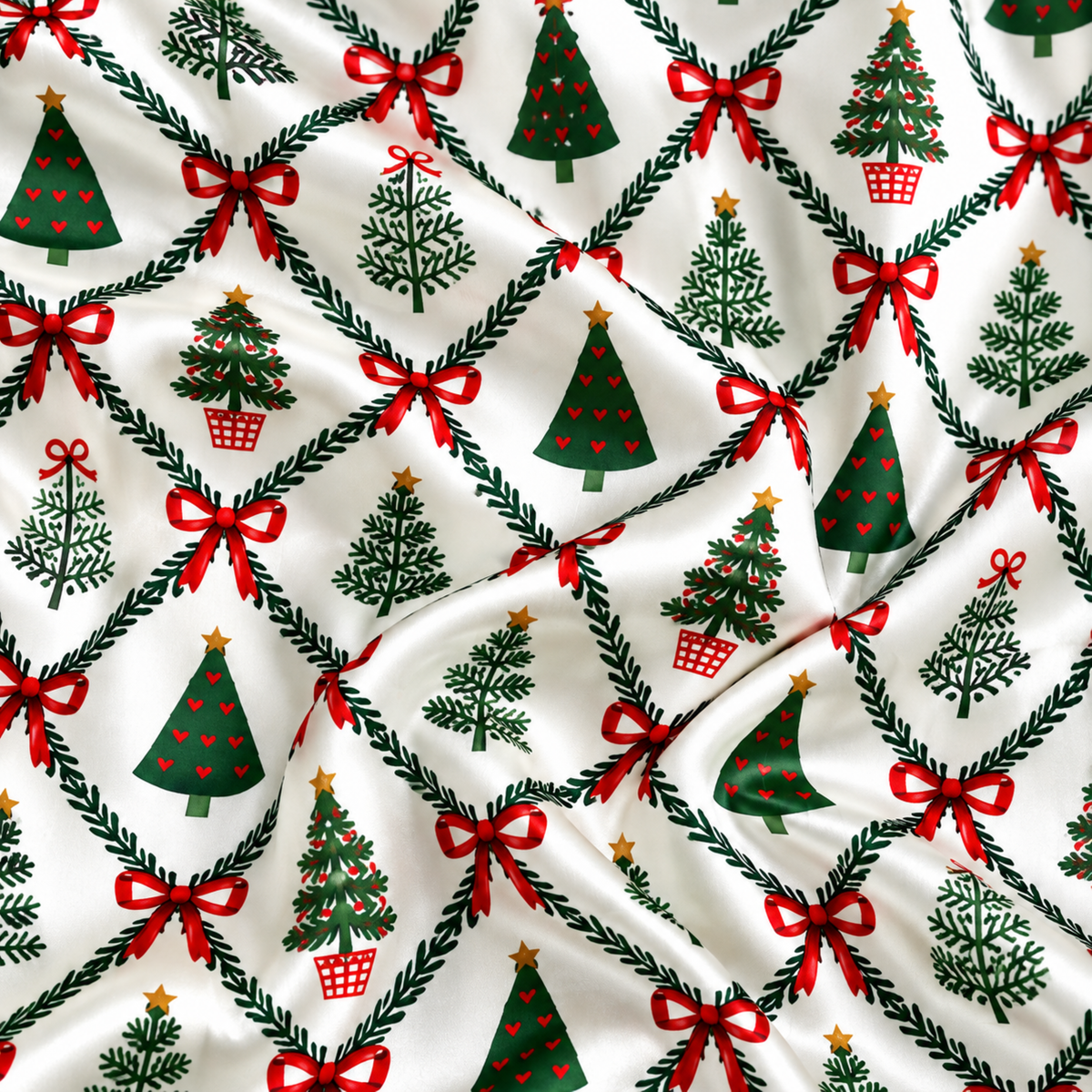 PJ-M1997-Christmas Tree Satin Pajama Set with Red Bows Evergreen Trees Garlands and Classic Festive Holiday Pattern for Cozy Sleepwear