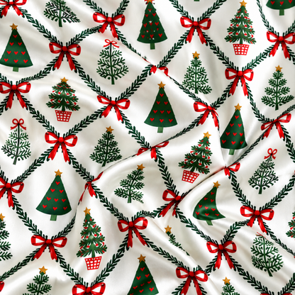 PJ-M1997-Christmas Tree Satin Pajama Set with Red Bows Evergreen Trees Garlands and Classic Festive Holiday Pattern for Cozy Sleepwear