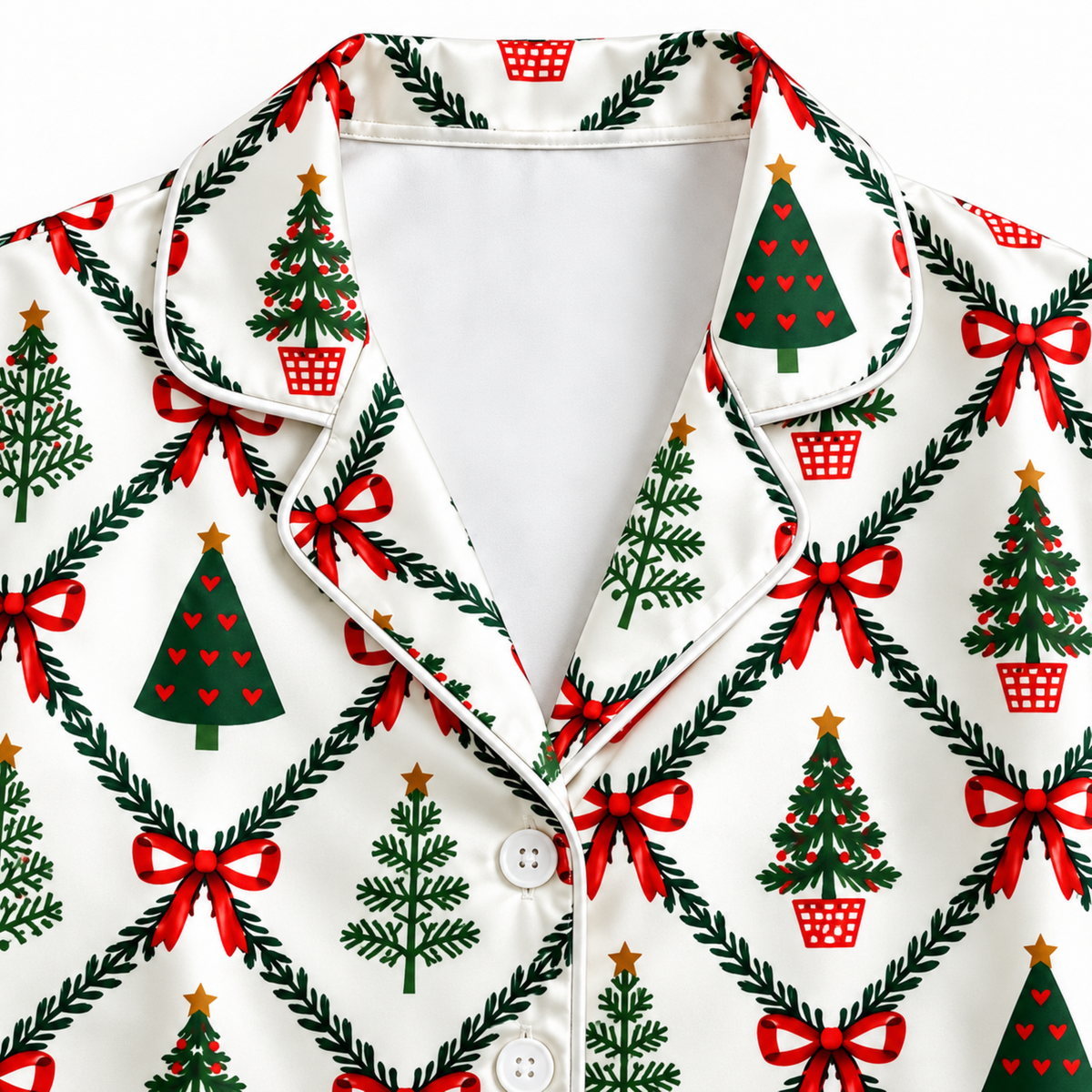 PJ-M1997-Christmas Tree Satin Pajama Set with Red Bows Evergreen Trees Garlands and Classic Festive Holiday Pattern for Cozy Sleepwear