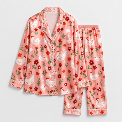 PJ-M201-Peach Fabric Aesthetic Pajama Apparel, Whimsical Animal Graphic Loungewear Sleepwear Collection Top Bottom Raiment