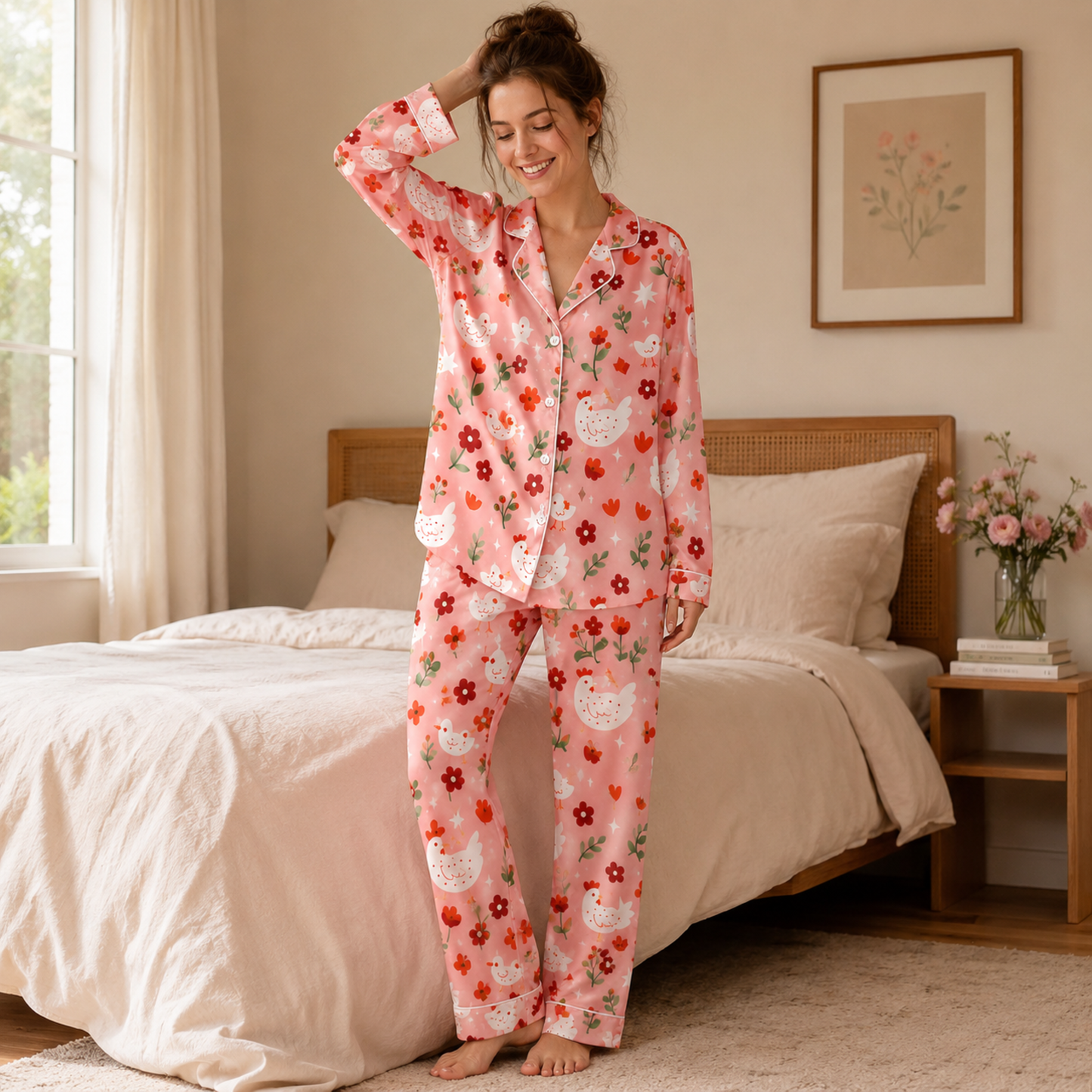 PJ-M201-Peach Fabric Aesthetic Pajama Apparel, Whimsical Animal Graphic Loungewear Sleepwear Collection Top Bottom Raiment