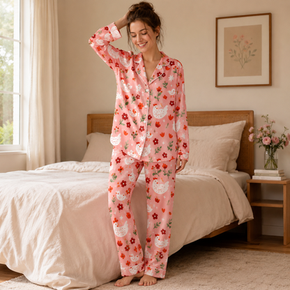 PJ-M201-Peach Fabric Aesthetic Pajama Apparel, Whimsical Animal Graphic Loungewear Sleepwear Collection Top Bottom Raiment