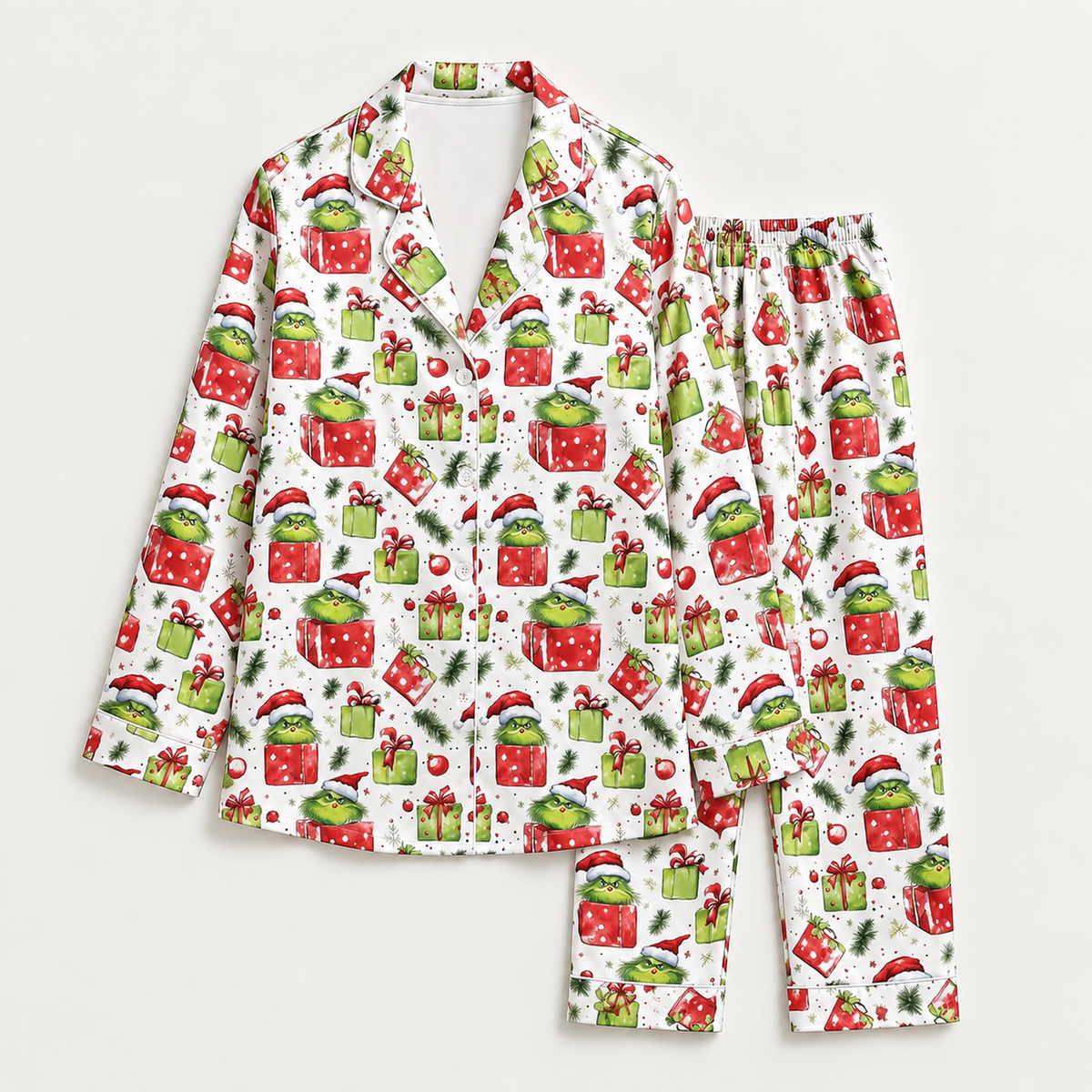 PJ-M2018-The Grinch Christmas Gift Satin Pajama Set, Dr Seuss Holiday Sleepwear
