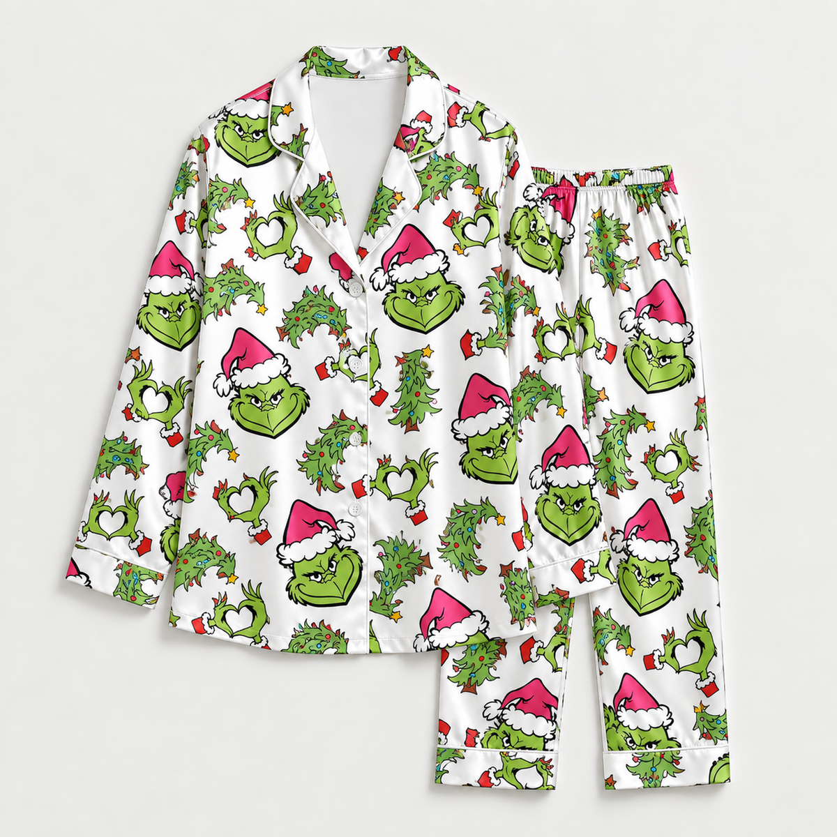PJ-M2019-The Grinch Christmas Satin Pajama Set, Dr Seuss Grinch Holiday Sleepwear