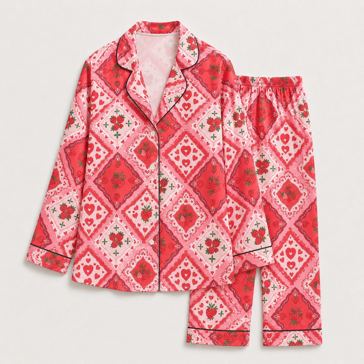PJ-M202-Strawberry Pajama Apparel, Heart Diamond Pattern Loungewear Sleepwear Collection Top Bottom Clothing