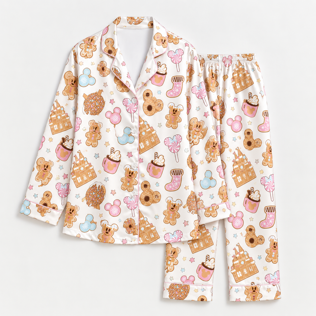 PJ-M2023-Gingerbread Candyland Satin Pajama Set, Sweet Castle Lollipop Cocoa Christmas Holiday Sleepwear