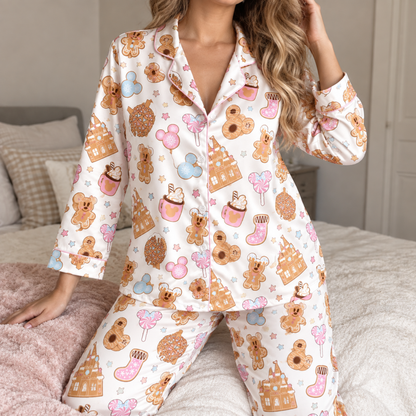 PJ-M2023-Gingerbread Candyland Satin Pajama Set, Sweet Castle Lollipop Cocoa Christmas Holiday Sleepwear