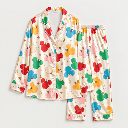 PJ-M2024-Mickey Mouse Ornament Christmas Satin Pajama Set, Disney Holiday Sleepwear