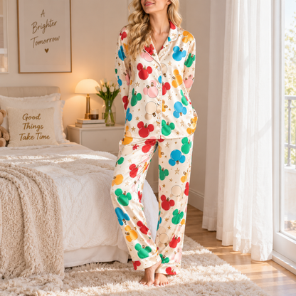 PJ-M2024-Mickey Mouse Ornament Christmas Satin Pajama Set, Disney Holiday Sleepwear