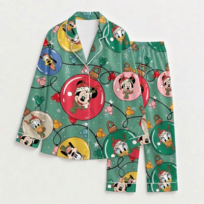 PJ-M2029-Mickey Mouse Minnie Donald Duck Christmas Ornament Satin Pajama Set, Disney Holiday Sleepwear