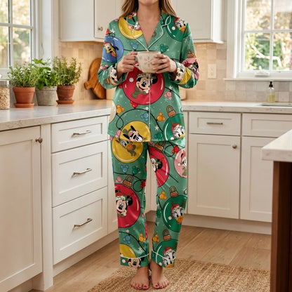 PJ-M2029-Mickey Mouse Minnie Donald Duck Christmas Ornament Satin Pajama Set, Disney Holiday Sleepwear