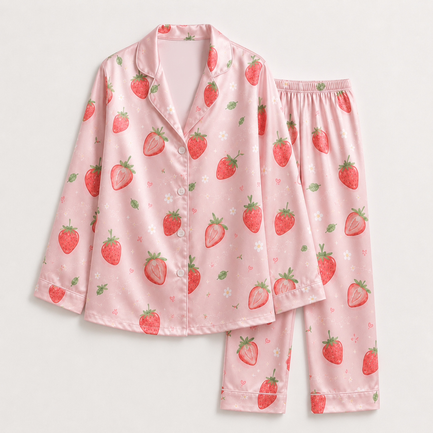 PJ-M203-Pink Strawberry Floral Satin Pajama Set Button Up Fruit Print Sleepwear Sweet Loungewear