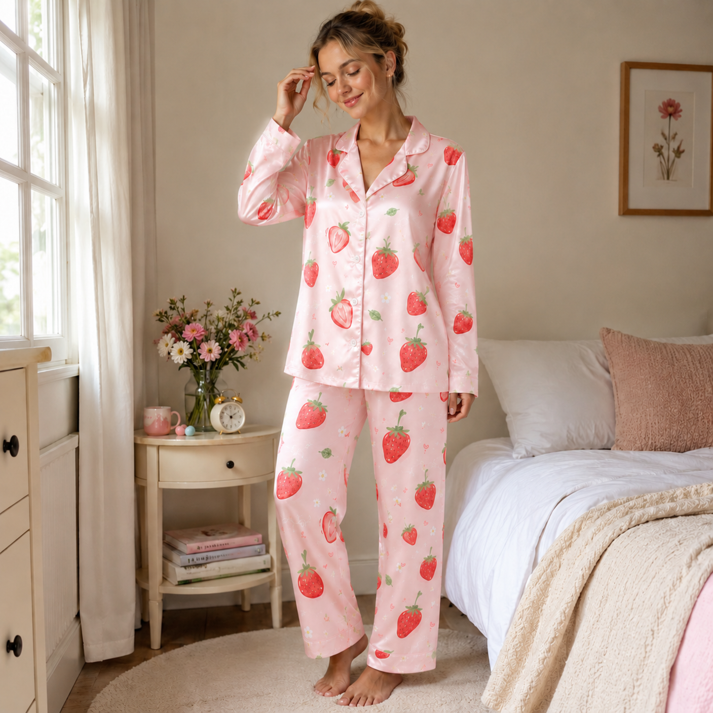 PJ-M203-Pink Strawberry Floral Satin Pajama Set Button Up Fruit Print Sleepwear Sweet Loungewear