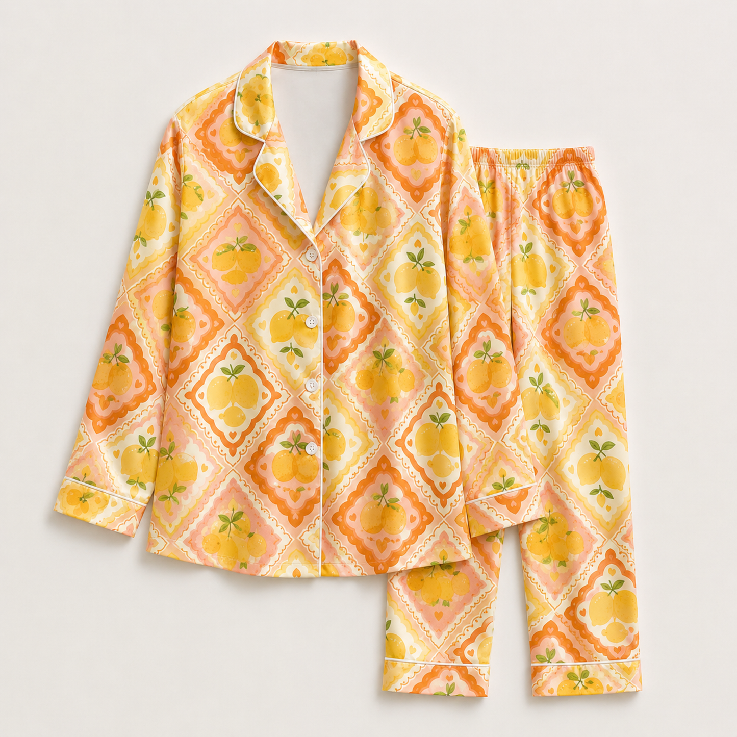 PJ-M204-Orange Yellow Lemon Tile Satin Pajama Set Retro Citrus Print Sleepwear Button Up Loungewear