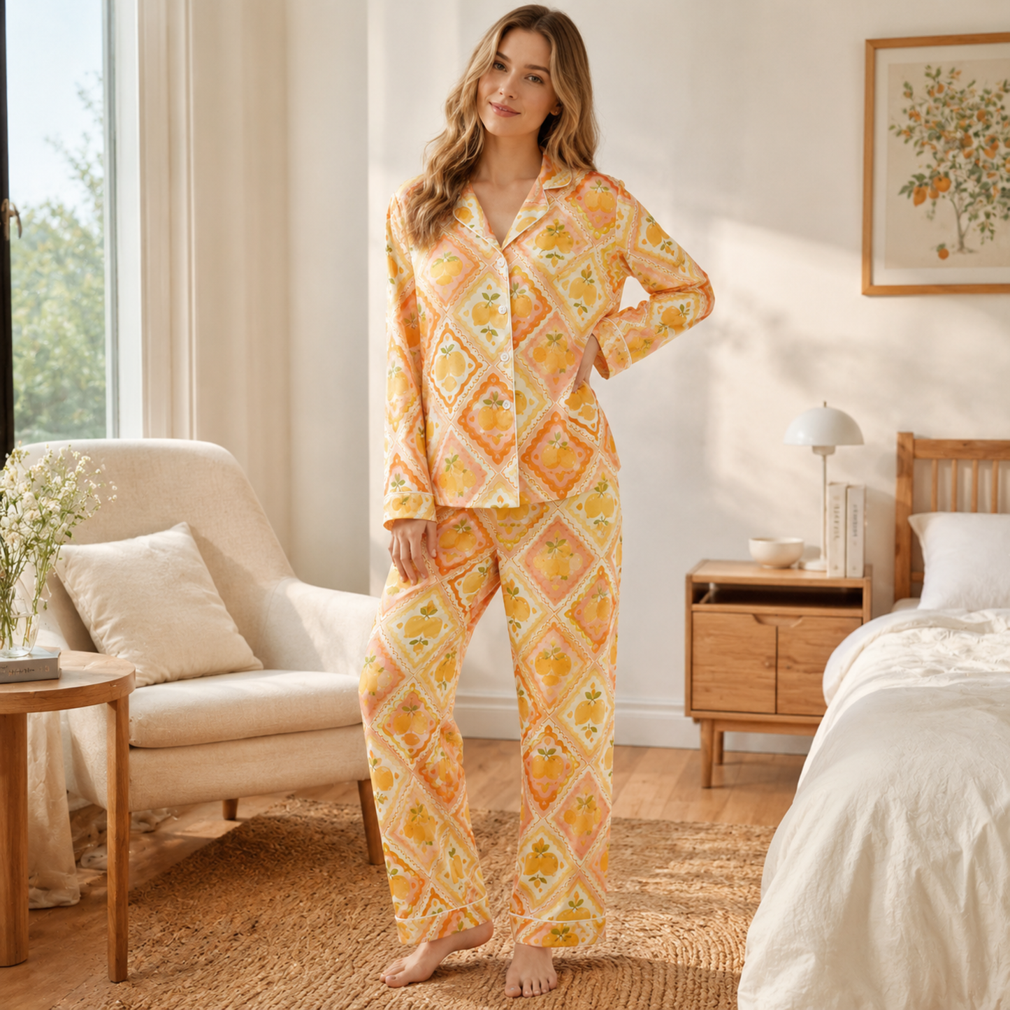 PJ-M204-Orange Yellow Lemon Tile Satin Pajama Set Retro Citrus Print Sleepwear Button Up Loungewear