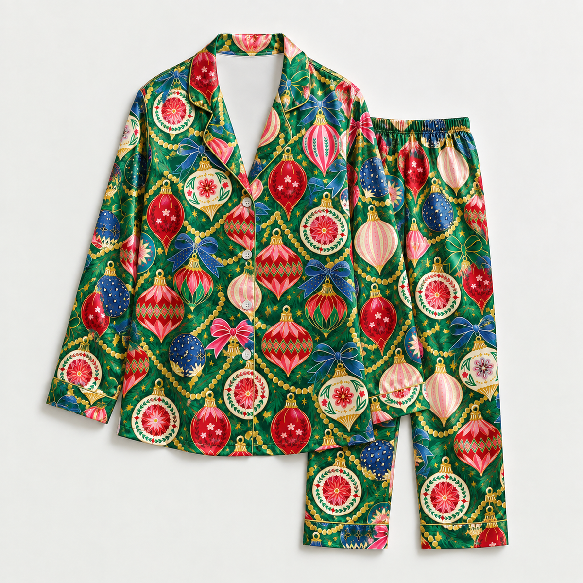 PJ-M2048-Christmas Ornament Satin Pajama Set with Colorful Baubles Bows Floral Details and Festive Green Holiday Pattern