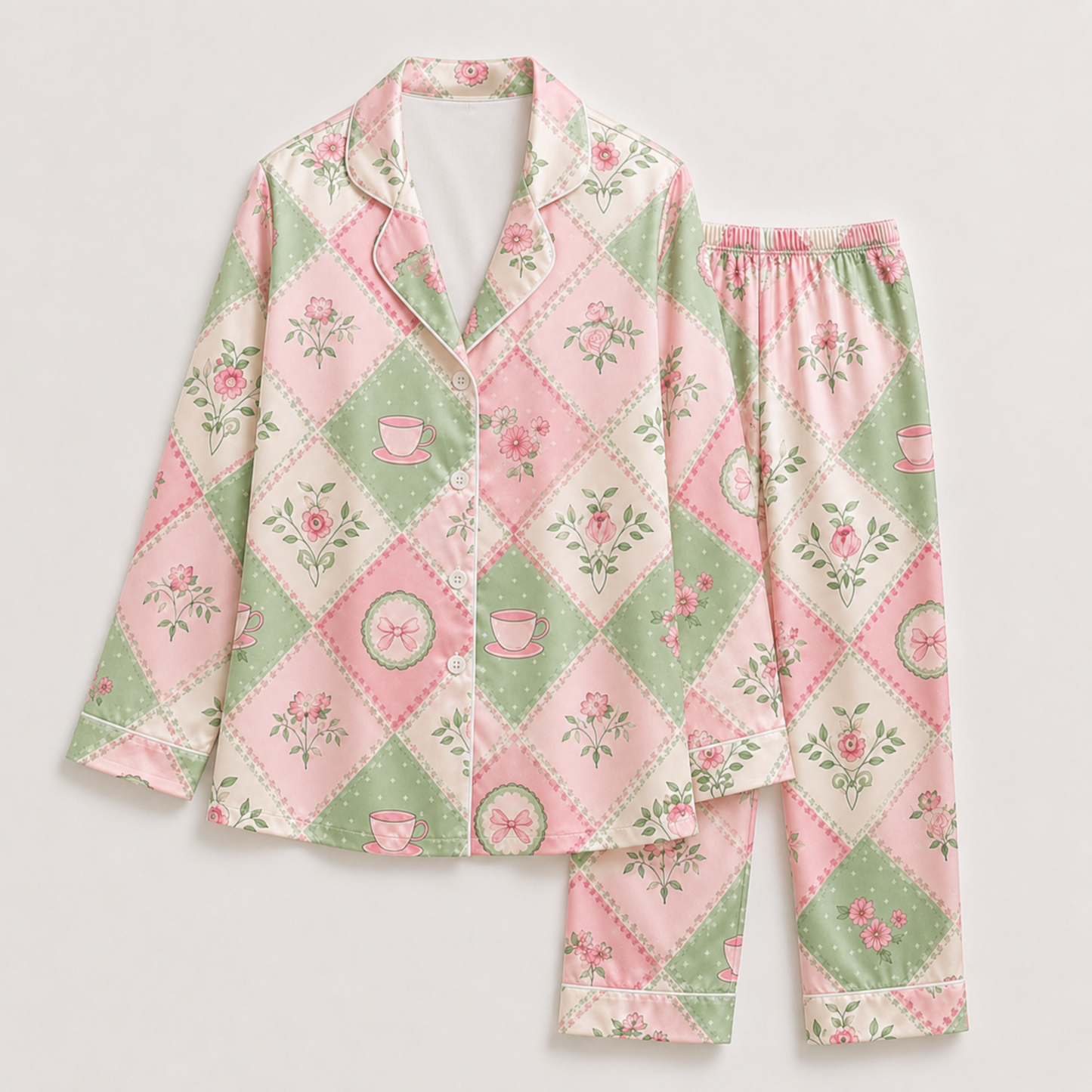 PJ-M205-Cottagecore Teacup Floral Patchwork Satin Pajama Set Pink Green Bow Sleepwear Loungewear