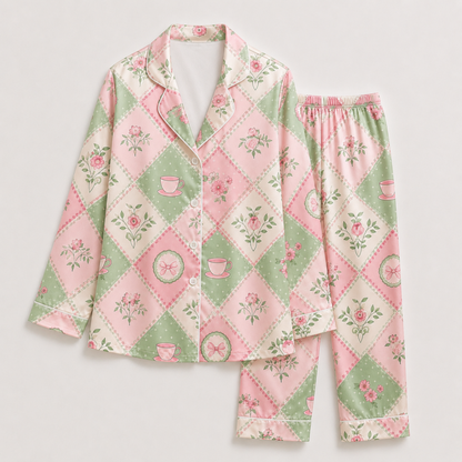 PJ-M205-Cottagecore Teacup Floral Patchwork Satin Pajama Set Pink Green Bow Sleepwear Loungewear