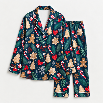 PJ-M2050-Gingerbread Christmas Satin Pajama Set with Cookies Candy Canes Hearts Snowflakes and Festive Winter Pattern