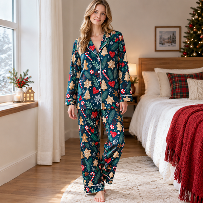 PJ-M2050-Gingerbread Christmas Satin Pajama Set with Cookies Candy Canes Hearts Snowflakes and Festive Winter Pattern