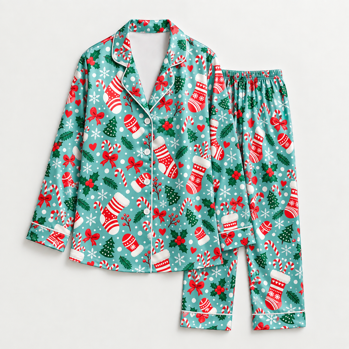 PJ-M2051- Christmas Satin Pajama Set with Stockings Candy Canes Bows Snowflakes Trees and Festive Holiday Pattern