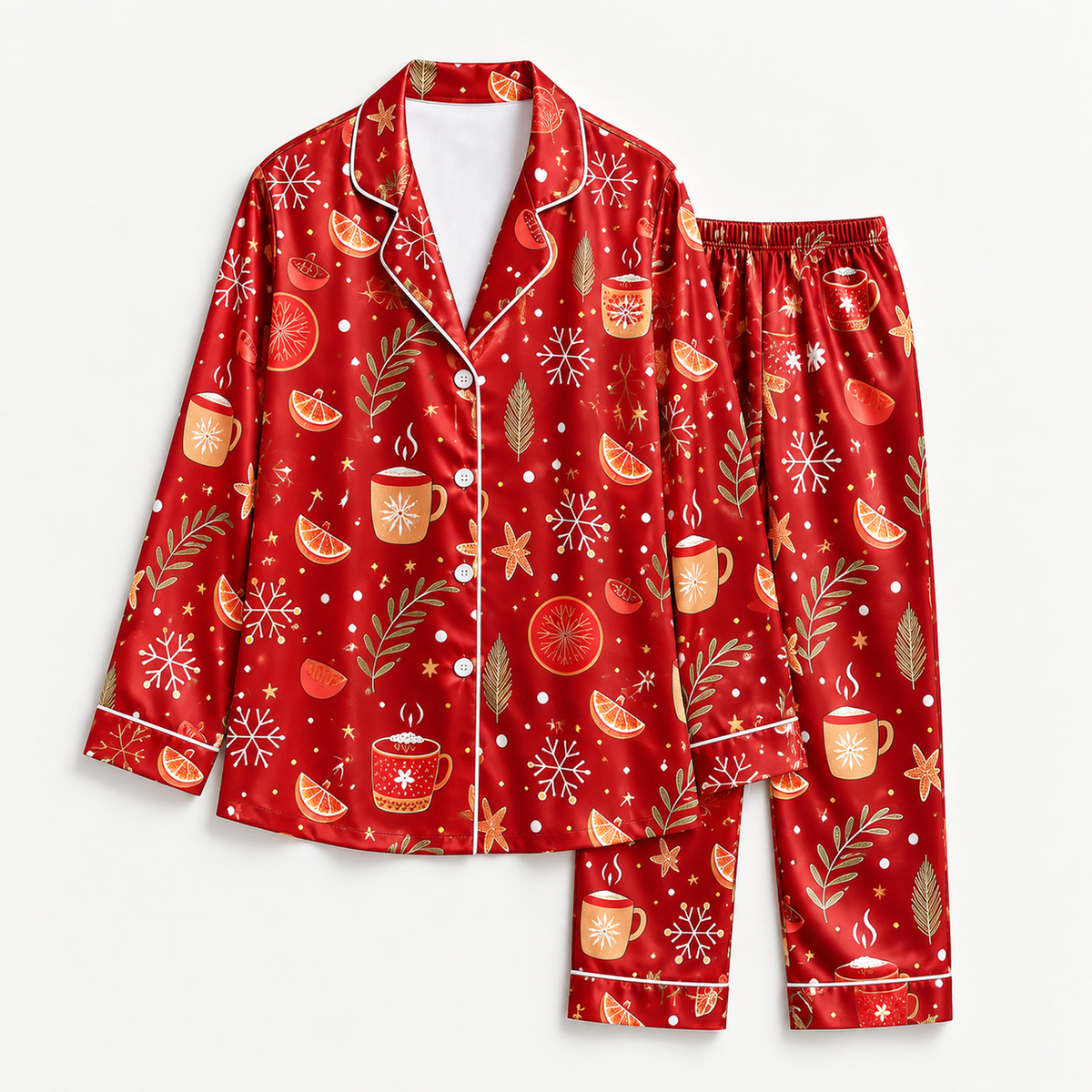 PJ-M2052- Christmas Satin Pajama Set with Cocoa Mugs Orange Slices Snowflakes Cinnamon and Festive Red Winter Pattern