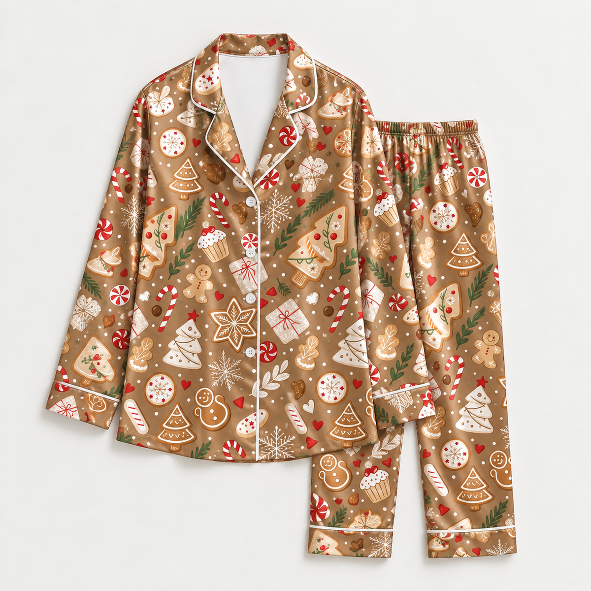 PJ-M2053- Gingerbread Christmas Satin Pajama Set with Cookies Candy Canes Snowflakes Trees and Festive Holiday Pattern