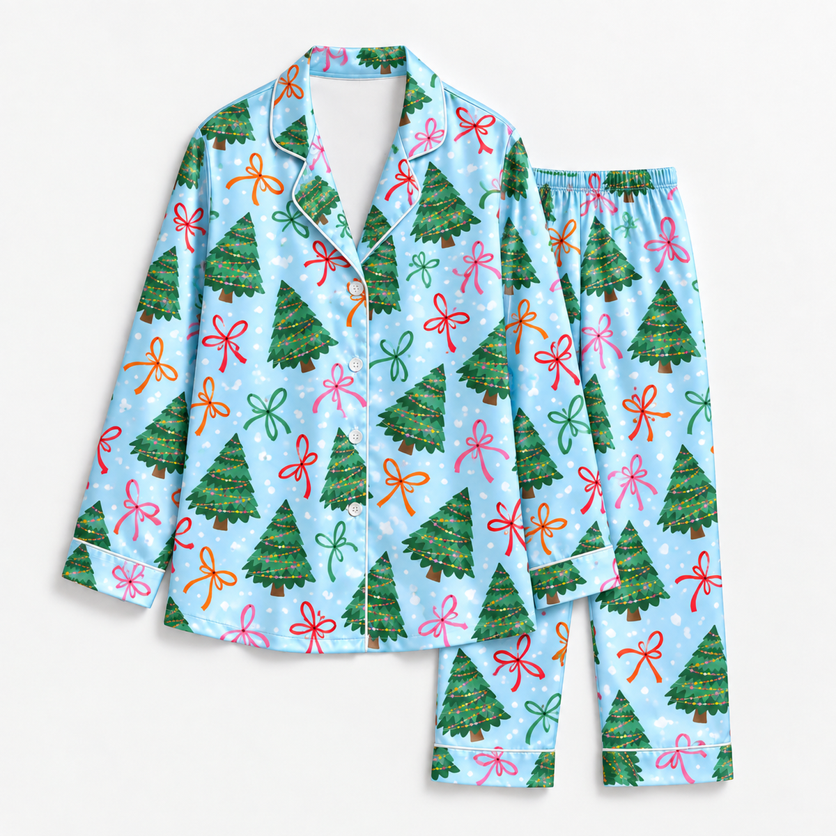 PJ-M2054- Christmas Tree Satin Pajama Set with Colorful Ribbon Bows Snowflakes and Festive Blue Holiday Pattern
