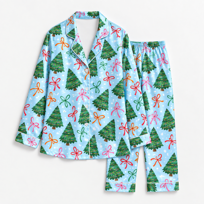 PJ-M2054- Christmas Tree Satin Pajama Set with Colorful Ribbon Bows Snowflakes and Festive Blue Holiday Pattern