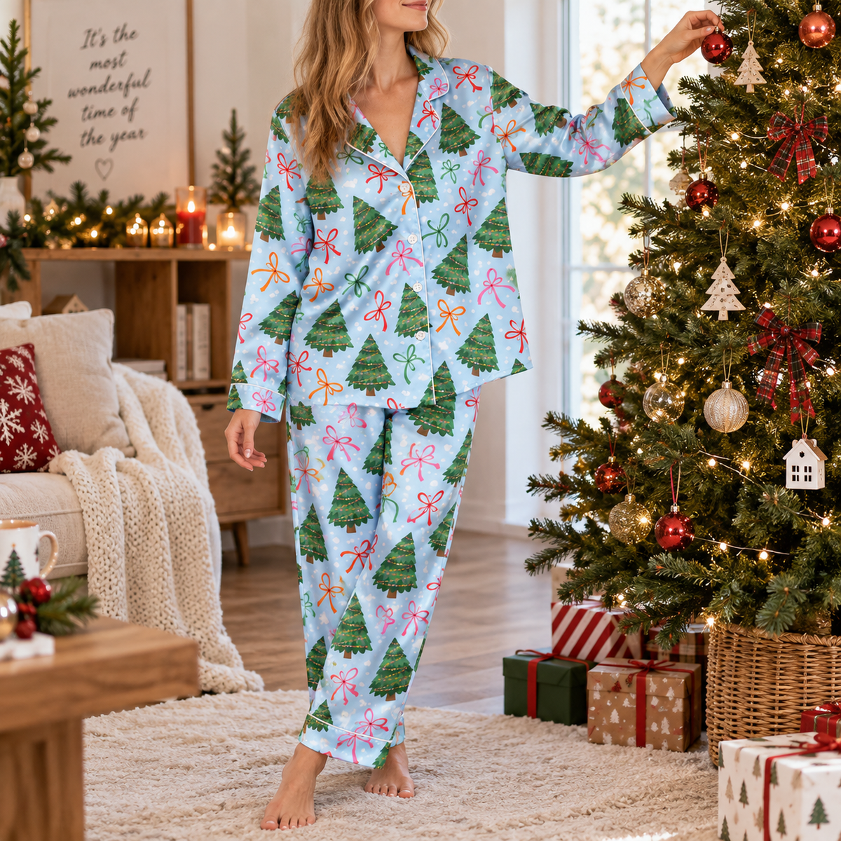 PJ-M2054- Christmas Tree Satin Pajama Set with Colorful Ribbon Bows Snowflakes and Festive Blue Holiday Pattern