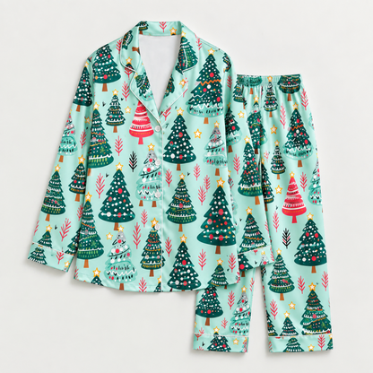 PJ-M2055- Christmas Tree Satin Pajama Set with Colorful Festive Trees Stars and Whimsical Holiday Pattern