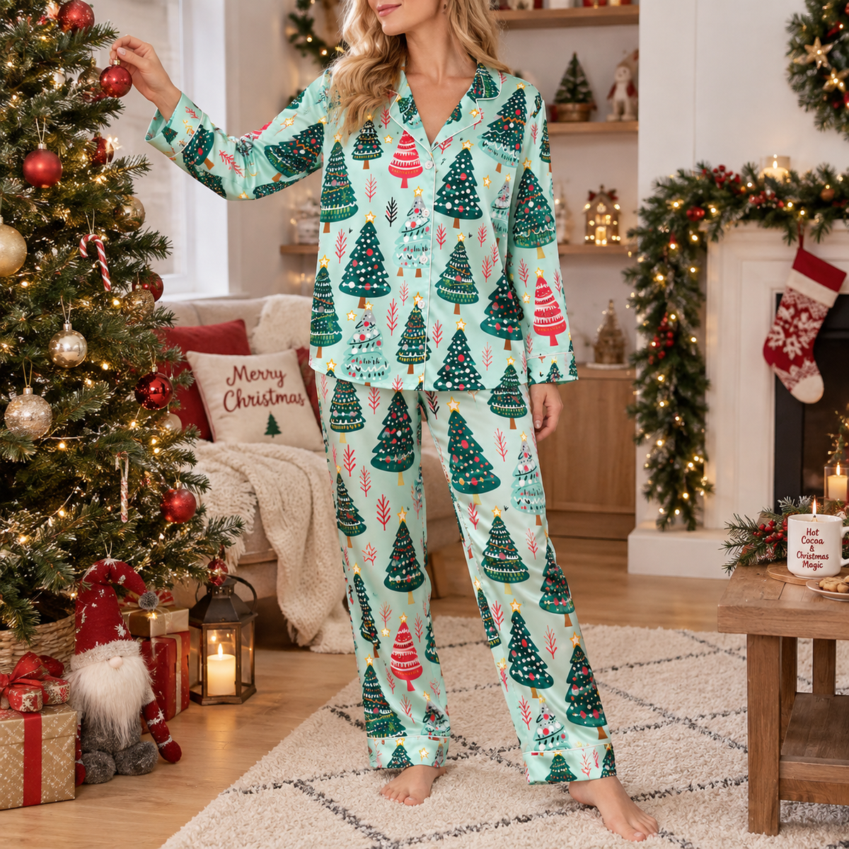 PJ-M2055- Christmas Tree Satin Pajama Set with Colorful Festive Trees Stars and Whimsical Holiday Pattern