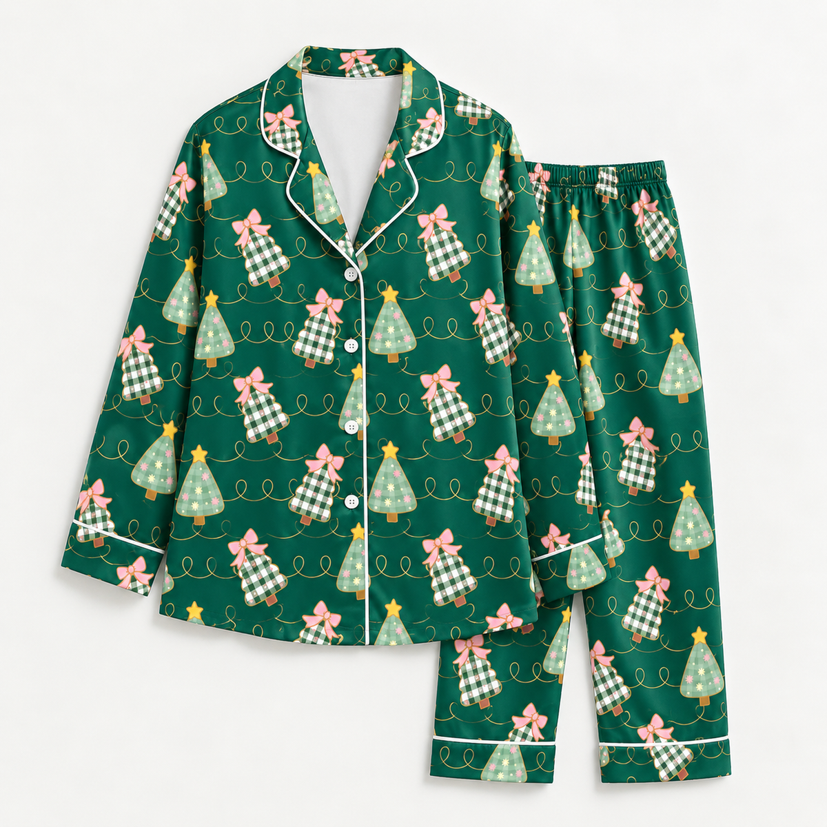 PJ-M2057-Christmas Tree Satin Pajama Set with Pink Bows Plaid Trees Stars and Festive Green Holiday Pattern
